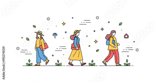 Light clothing fashion in park setting featuring cheerful walkers in flowing outfits framed by small leaves and soft motion lines. A compact editorial concept