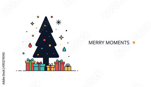 Minimalist Christmas home styling featuring a tree silhouette with neatly arranged gift boxes beneath. Clean layout and a subtle ?Merry Moments? caption