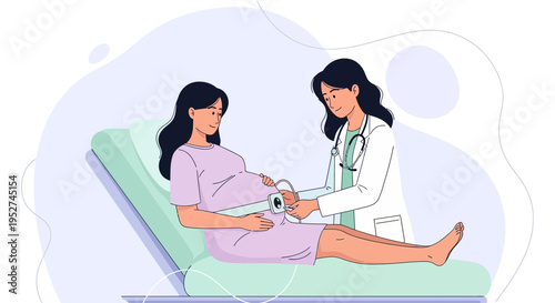 Doctor examining pregnant woman with ultrasound device, healthcare checkup, prenatal care