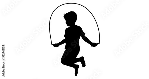 Silhouette of a boy jumping rope isolated on white background motion blur
