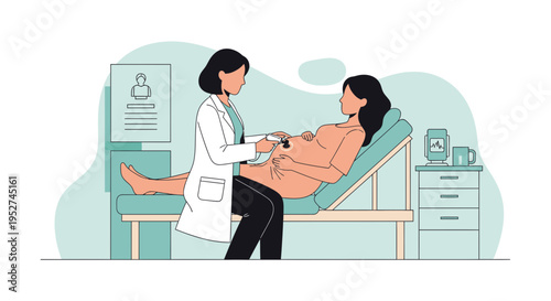 Doctor examining pregnant woman with ultrasound device, healthcare and pregnancy checkup concept