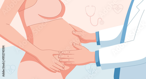 Doctor examining pregnant woman's belly, prenatal care, medical checkup