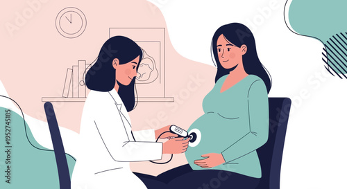 Doctor examining pregnant woman's belly with ultrasound device, prenatal care concept