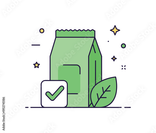 Green consumer choice product package with check mark and leaf accent beside it, symbolizing mindful purchasing decisions and sustainable lifestyle habits.