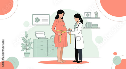 Doctor measuring pregnant woman's belly with tape measure during prenatal checkup in clinic