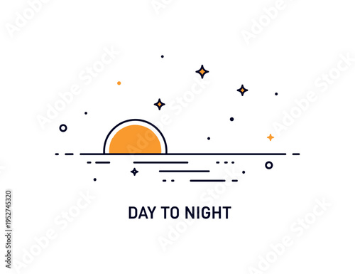Sunset over ocean minimal coastal landscape featuring a large round sun touching the sea line with tiny star accents appearing above, symbolizing the shift