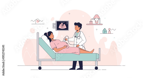 Doctor performing ultrasound on pregnant woman in clinic, baby on screen