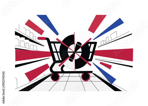 Black and white shopping cart angled diagonally, wheels stylized into bold flat circles, geometric blocks overflowing from the cart to symbolize excess, large