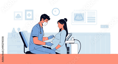 Doctor performs ultrasound on pregnant woman in clinic, baby scan on screen