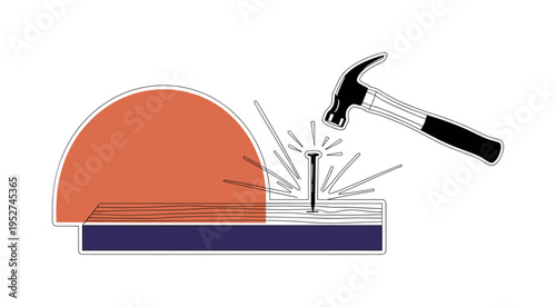 Black and white hammer striking a nail into a wooden surface, oversized terracotta semicircle anchoring one side, deep indigo rectangular base stabilizing