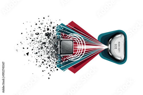 Black and white microchip dissolving into abstract geometric particles that reorganize into a clean ingot shape, sharp linear beams and concentric rings