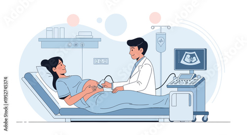 Doctor performs ultrasound on pregnant woman in clinic, showing baby on screen