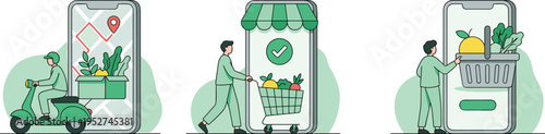 Online grocery delivery service illustration showing mobile app ordering, courier delivery and shopping cart with fresh food, ecommerce and logistics concept