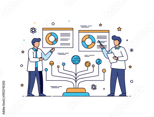 Researchers examining a model of the solar system with charts and diagrams, highlighting knowledge advancement, discovery, and space science education.