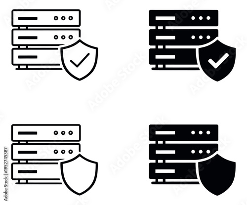 Outline and filled server security icon set featuring server racks and shields for data protection
