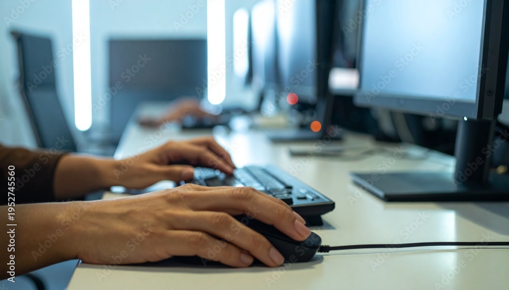 Fototapeta premium Hands working at a desk with a mouse and keyboard in a modern office setup