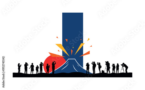 Black and white group of small tourist silhouettes photographing eruption from safe distance, vibrant red circle low on horizon behind the volcano, deep cobalt