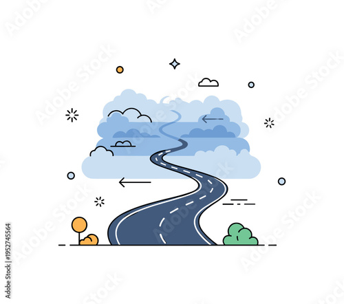 Unclear path ahead illustration built around a winding road disappearing into layered mist with subtle fading arrows, symbolizing doubt, transition, and the