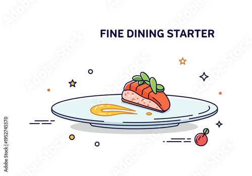 Fine dining starter concept featuring a small porcelain plate with artfully arranged seafood bite and minimal sauce swirl, symbolizing culinary precision and