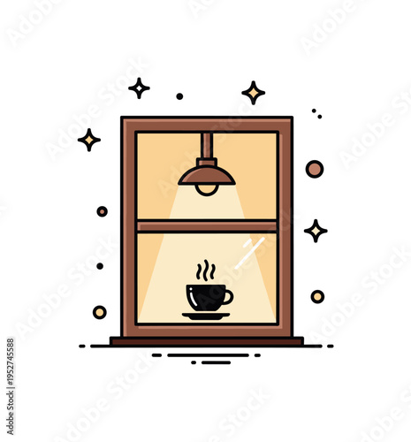 Timeless cafe atmosphere theme centered on a window frame with a glowing interior light and a small steaming cup silhouette, symbolizing comfort, nostalgia,