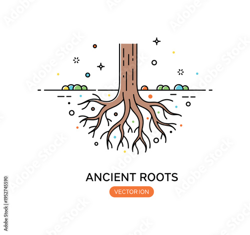 Ancient roots symbolism illustrated by visible tree roots spreading beneath the ground line, conveying deep heritage, continuity, and spiritual foundation. A