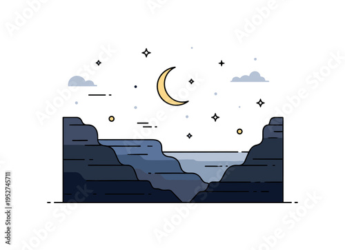 Night canyon sky view represented by dark layered cliffs beneath a crescent moon and scattered stars, expressing peaceful wilderness and stargazing atmosphere.