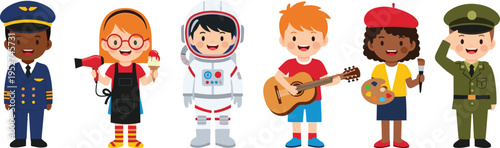 Diverse group of cute children dressed in professional career costumes including pilot, astronaut, artist, musician, and soldier for kids education.