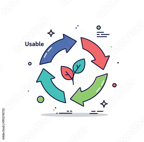 Reusable and recyclable icon label featuring intertwined arrows forming a circular frame around a small leaf icon, symbolizing circular economy principles and