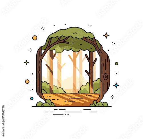 Golden soft light rays falling through a tree canopy onto a forest floor, creating gentle shadows, warmth, and a serene natural environment. Minimalist flat