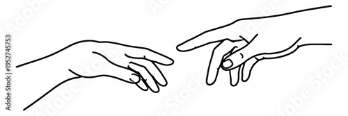Hand drawn line art illustration of two hands reaching out depicting connection for human relationships and spirituality