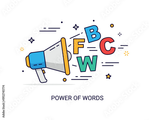 Power of words concept with a megaphone icon releasing bold letter shapes symbolizing influence, marketing, and persuasive messaging. Subtle motion lines