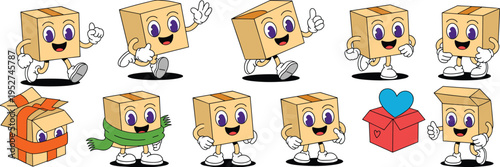 Cute cartoon box characters set with different poses, packaging mascot illustration for delivery, shipping, e commerce branding and logistics concept