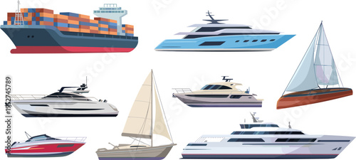 Set of boats and ships illustration featuring cargo vessel, yachts and sailboats, maritime transport, ocean travel and nautical design collection