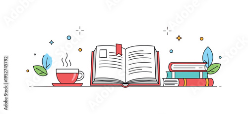 Open book lying on a desk with a cup of tea and a small stack of other books, subtle decorative leaves and dots emphasizing a cozy reading corner. Minimalist