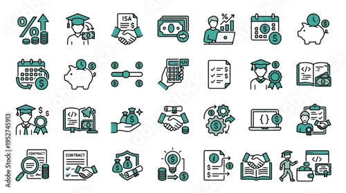 Sports Data and Analytics Icon Set in Linear Style. A collection of performance icons including athlete tracking, video analysis, stopwatch, statistics, heat maps, charts
