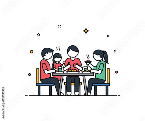 Resilient family dinner illustration with three simple silhouettes seated around a tiny table holding minimal food, expressing perseverance and emotional
