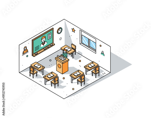 Isometric classroom environment featuring miniature desks, teacher board and a central podium arranged in clean 3D perspective, expressing structured learning