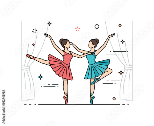 Classical ballet duet featuring two dancers in synchronized pose expressing harmony and artistic connection. Gentle motion lines and a faint stage curtain