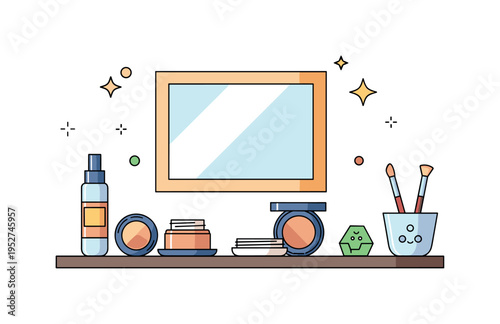 Cosmetic swaps showing compact containers of natural makeup and biodegradable applicators on a vanity, conveying mindful beauty practices. Minimalist flat