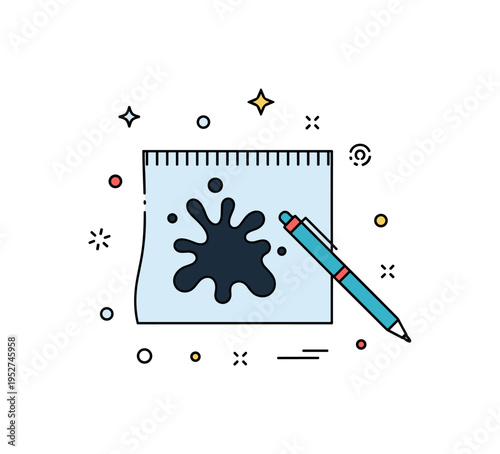 Ink blot on fabric small dark spill spreading organically across a clean textile with a pen resting nearby, symbolizing creative chaos and unexpected mistakes