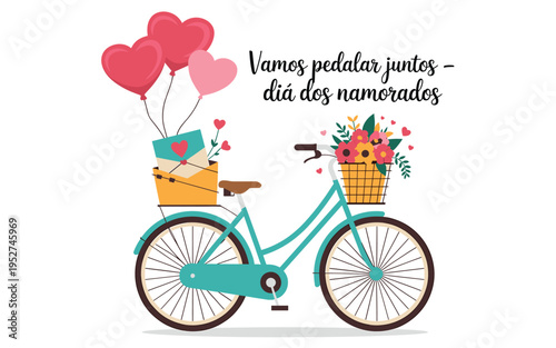 A colorful illustration of a bicycle with flowers and balloons, perfect for Valentine's Day or a romantic gift