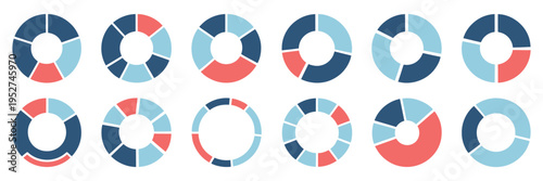 Pie charts diagram set, circle pie charts with 1 to 12 sections, wheel-style round segments, infographic elements in circular shapes, perfect for data visualization, business reports, presentations, 