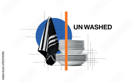 Black and white towel hanging beside stacked clean dishes, bold blue circular accent behind the towel, orange vertical line dividing washed and unwashed space,