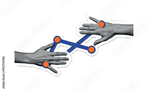 Black and white realistic thread connecting two separate hands across the composition, the thread transformed into a bold geometric line, circular forms