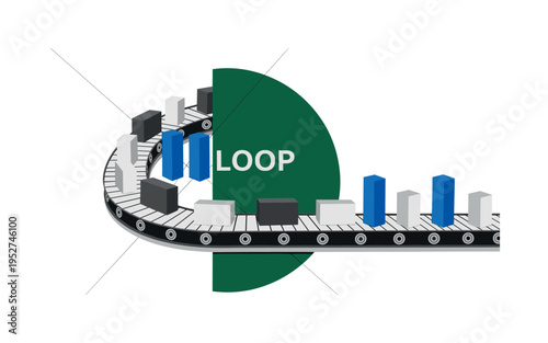 Black and white conveyor belt scene with products moving in a circular path, oversized deep green semicircle anchoring the loop motion, cobalt blue geometric