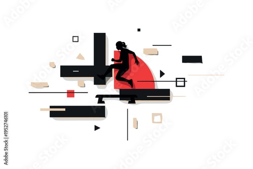 monochrome silhouette of athlete mid-step jump on aerobic platform, surrounded by red semicircle and black abstract rectangular shapes, flat geometric accents