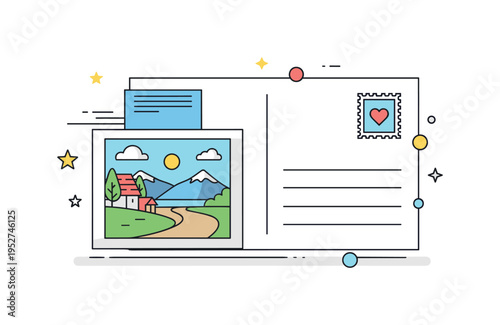 Vintage postcard keepsake illustrated with a scenic drawing and a small stamp in the corner, symbolizing nostalgia, storytelling, and heartfelt