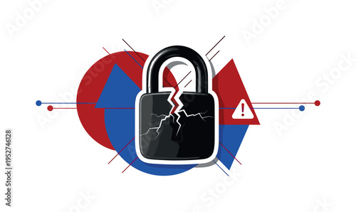 Black and white realistic broken padlock with visible crack, cut-out effect with white outline, layered over bold geometric circles and sharp triangular