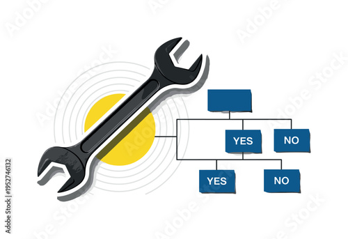 Black and white wrench positioned diagonally over a simplified plumbing decision tree, vivid yellow circle beneath as a focal marker, deep blue rectangular