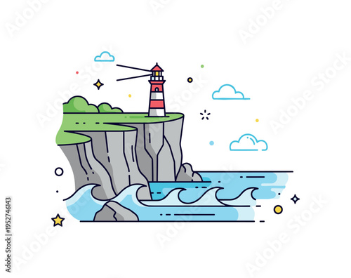 Seaside cliffs towering above calm ocean waves with a small lighthouse perched on the edge, expressing freedom, vast horizons, and coastal strength. A serene